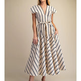 SSLV VNECK STRIPED MIDI