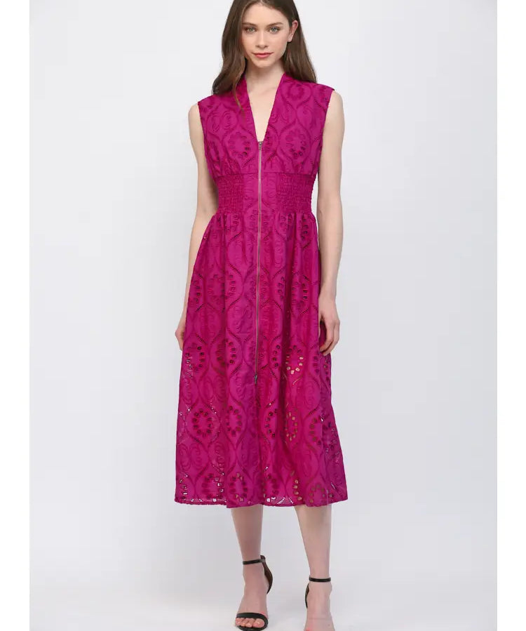 Magenta Eyelet Midi Dress