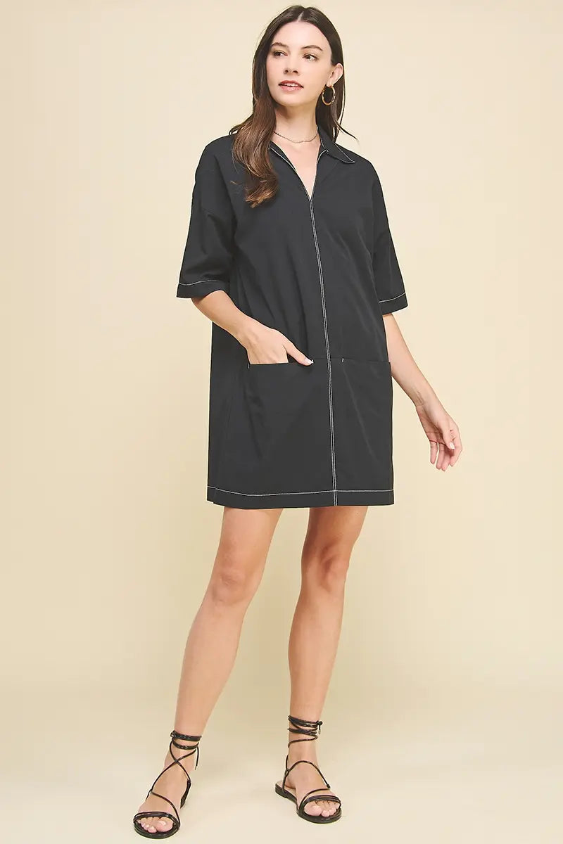 V NECK STITCH MINI DRESS