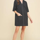 V NECK STITCH MINI DRESS