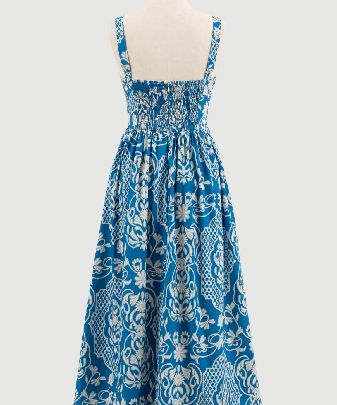 LATTICE PATTERN BOW STRAP MIDI DRESS