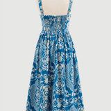 LATTICE PATTERN BOW STRAP MIDI DRESS