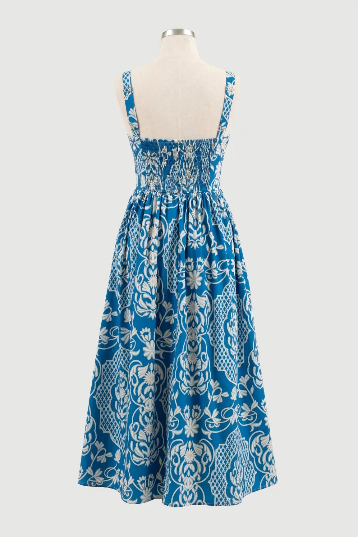 LATTICE PATTERN BOW STRAP MIDI DRESS