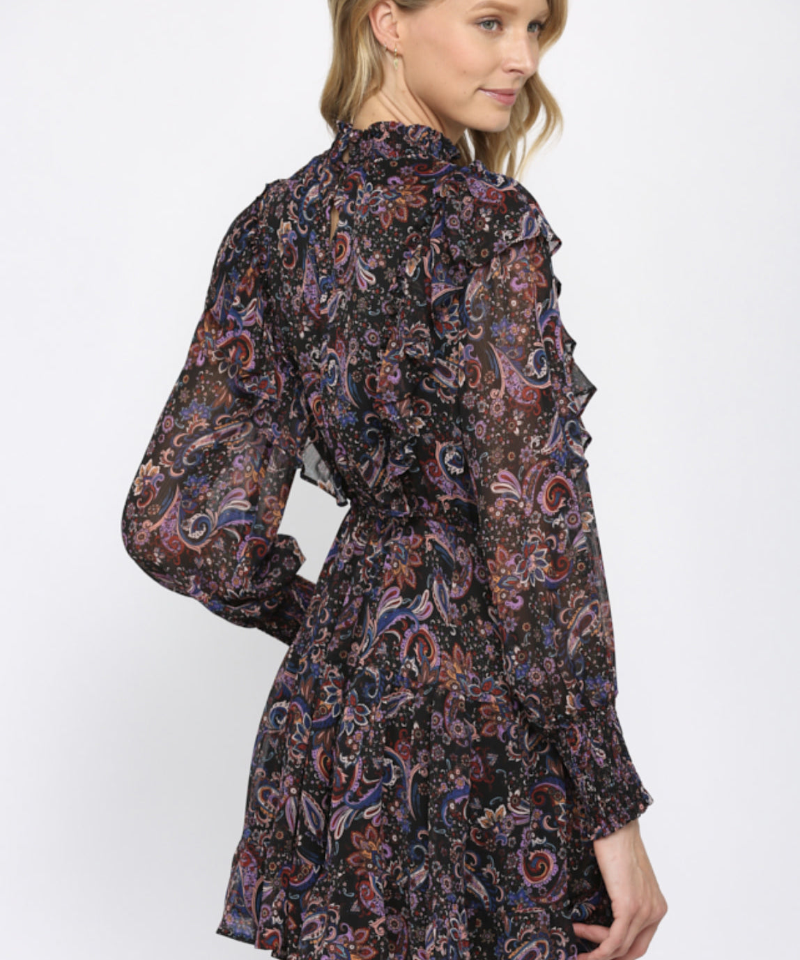 PAISLEY SMOCK NECKLINE RUFFLE DRESS