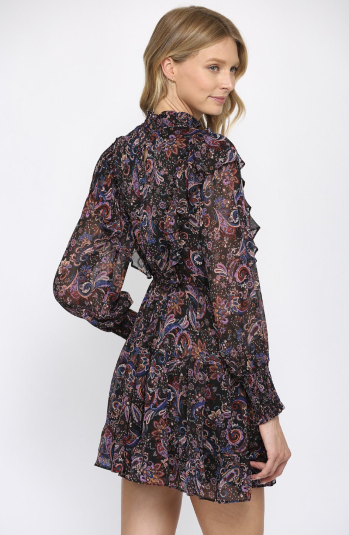 PAISLEY SMOCK NECKLINE RUFFLE DRESS
