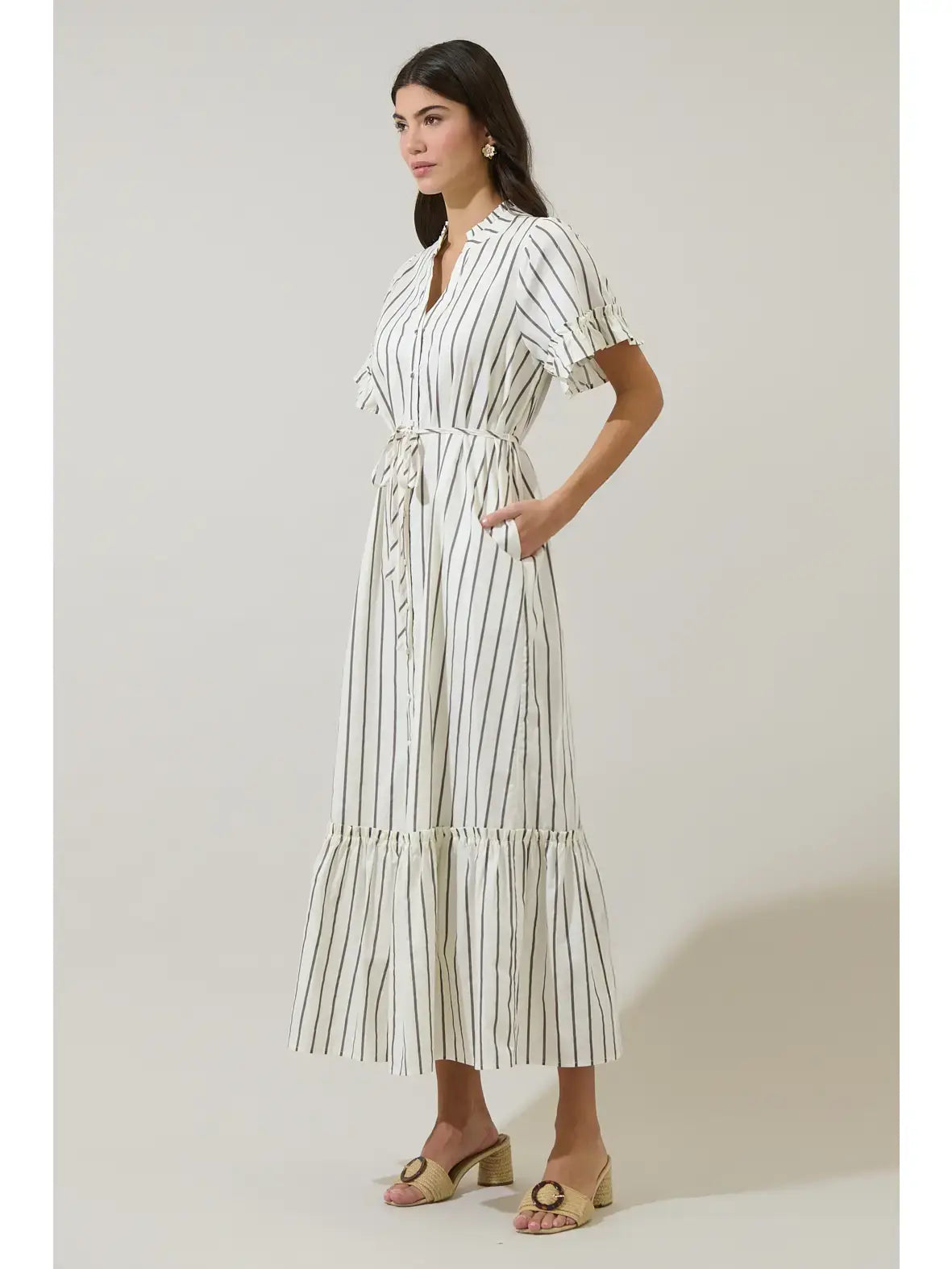 ALIYA STRIPED BUTTON UP MIDI DRESS
