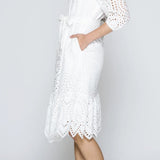 EYELET BELTED MIDI DRESS