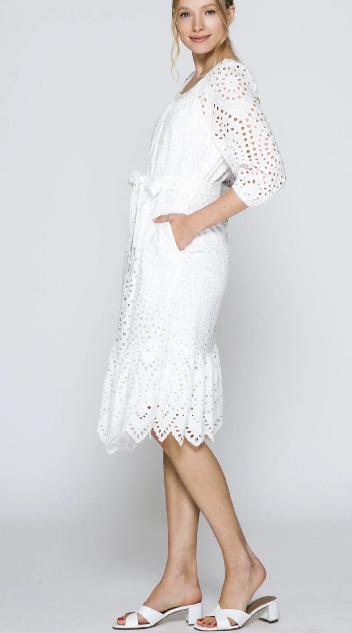 EYELET BELTED MIDI DRESS