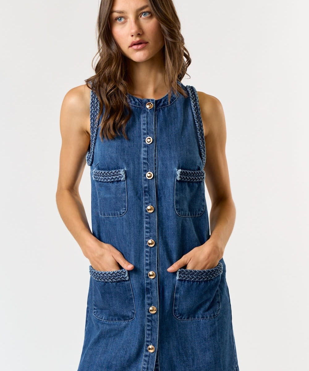 SLVLESS DENIM DRESS W/BRAIDED DETAIL