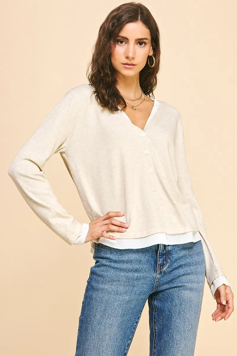 VNECK BUTTON DOWN COMBO TOP