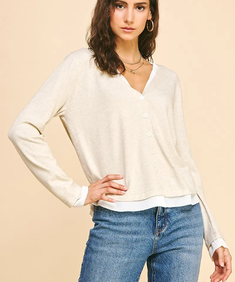 VNECK BUTTON DOWN COMBO TOP