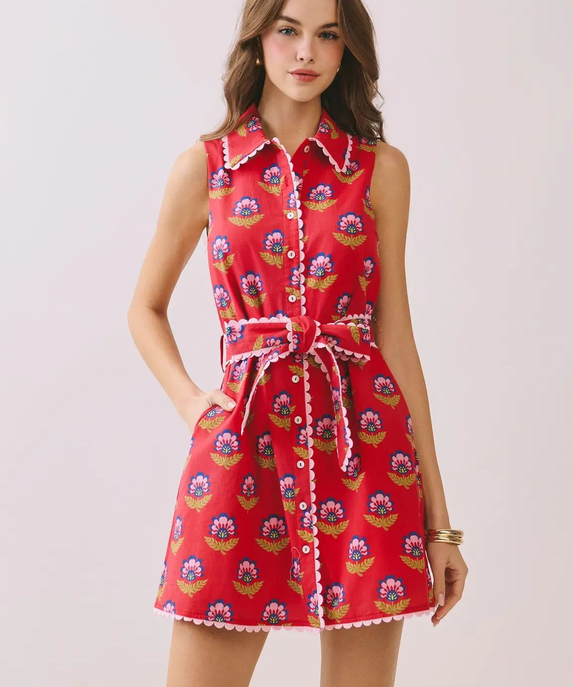 FLORAL PRINT SCALLOP TRIM DRESS