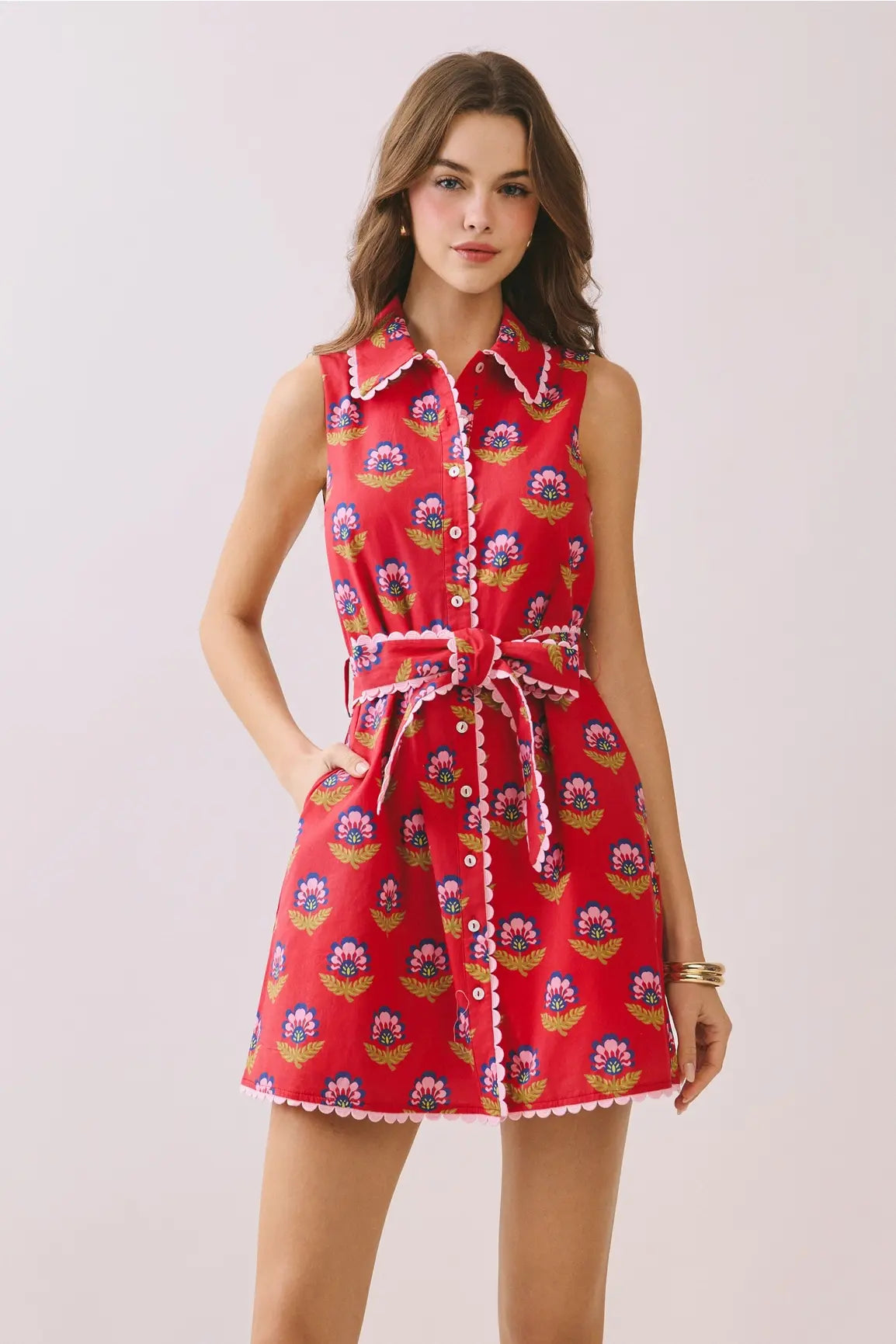 FLORAL PRINT SCALLOP TRIM DRESS