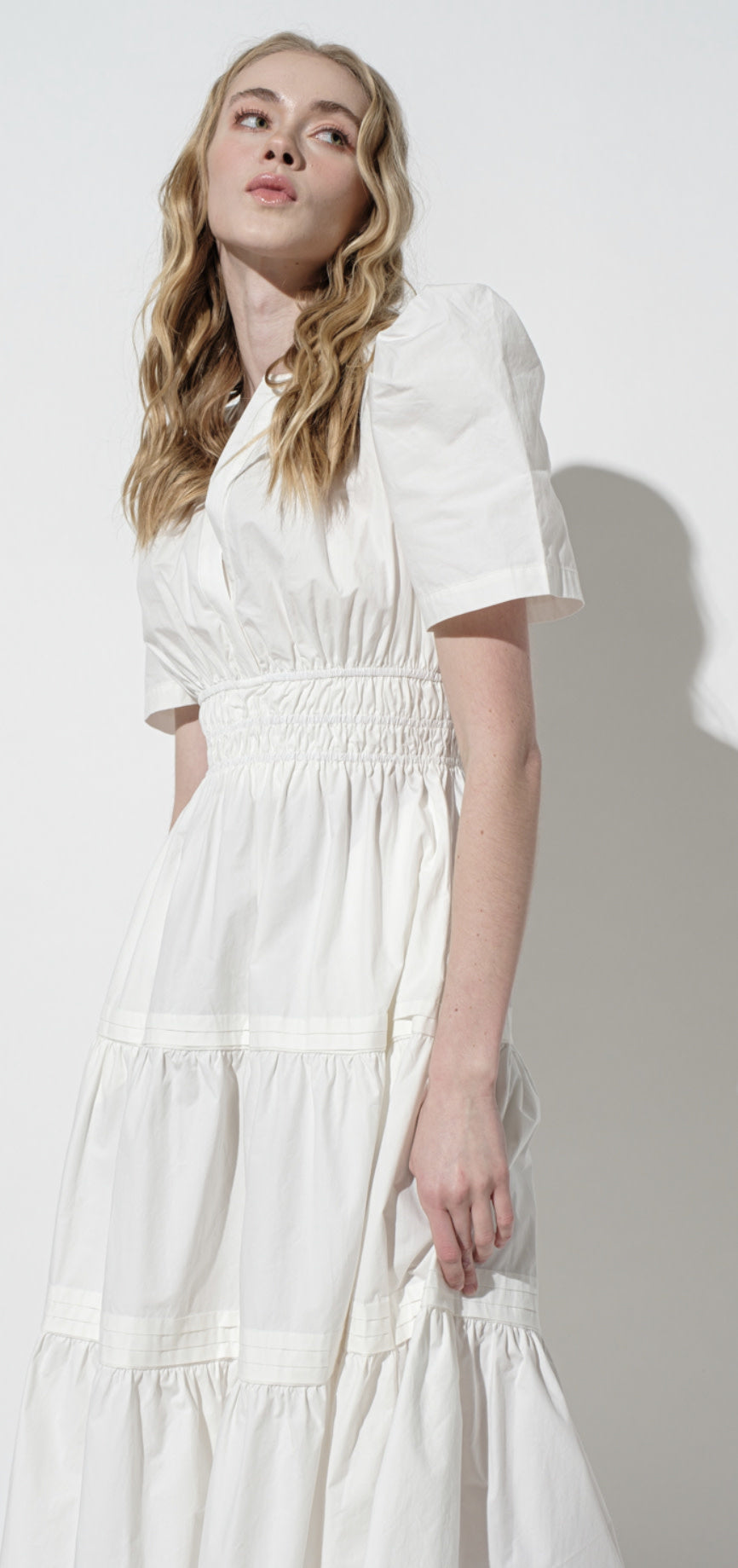 POUF SSLV TIERED MIDI DRESS