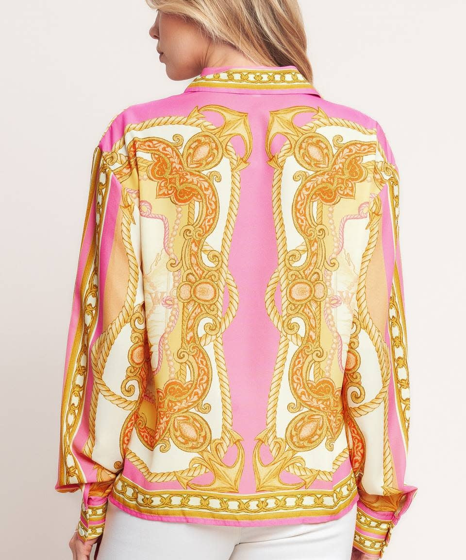 BAROQUE FLORAL BUTTON DOWN BLOUSE