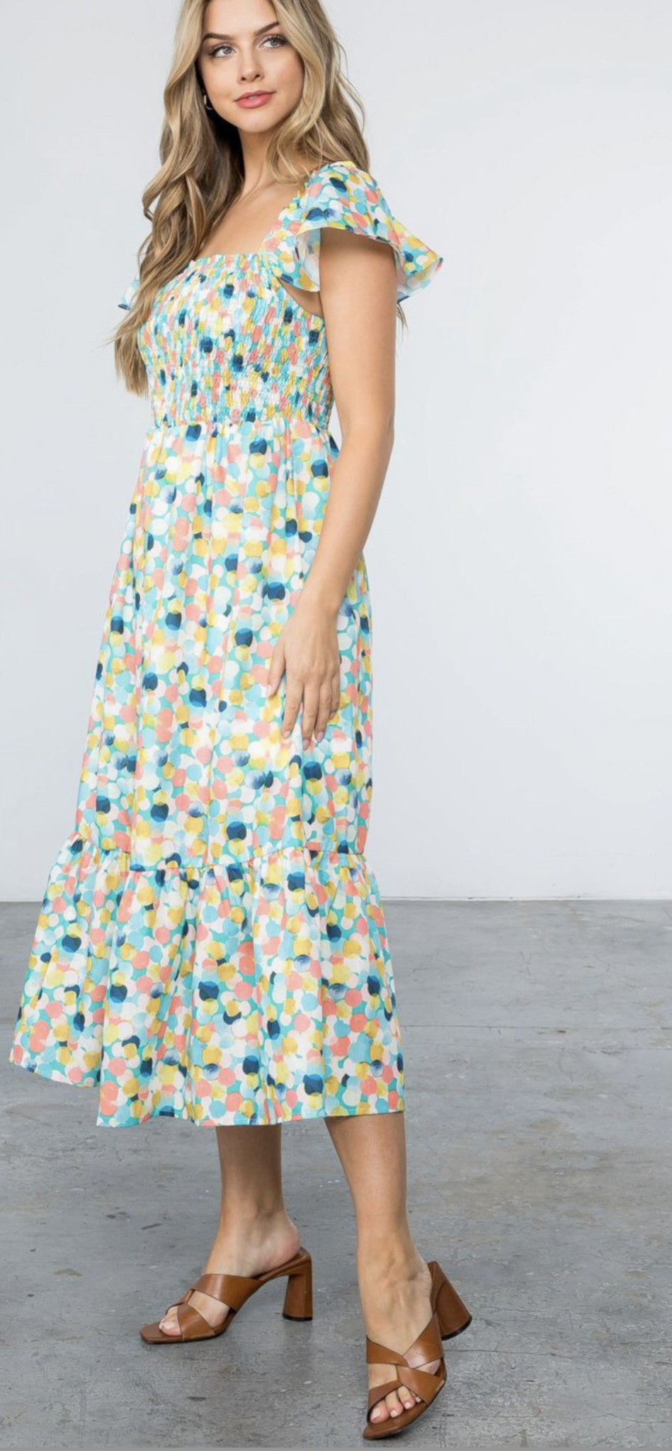 POLKA DOT SMOCKED MIDI DRESS