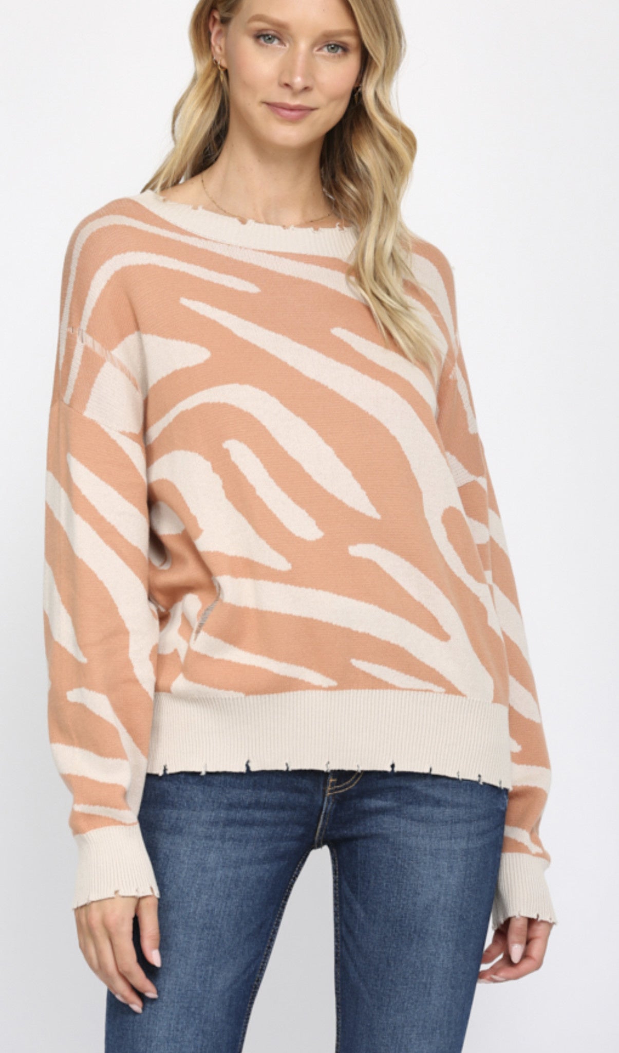 ANIMAL PATTERN DISTRESSED SWEATER