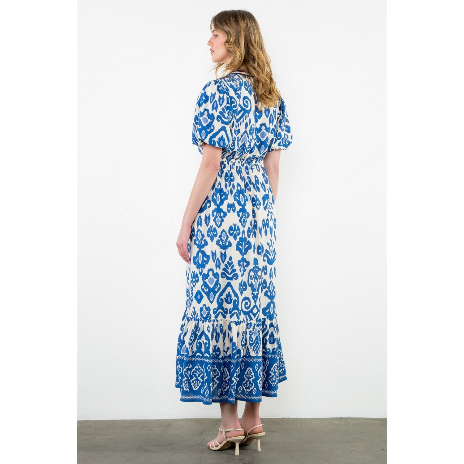 PUFF SLEEVE IKAT PRINT MAXI DRESS