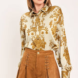 Silky Fall Print Button Down Blouse