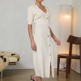 Ribbed Short Sleeve Midi Dress with Gold Buttons