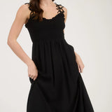 BOW STRAP SMOCKED MIDI DRESS