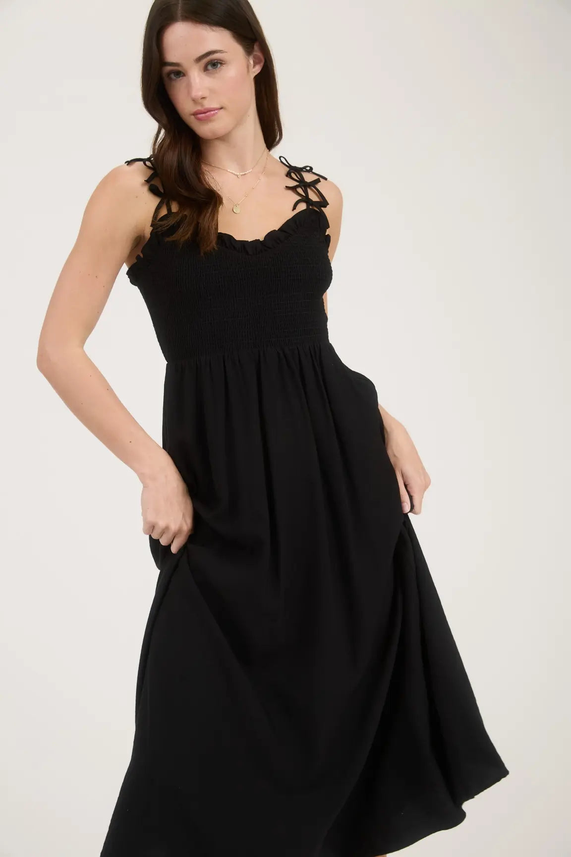 BOW STRAP SMOCKED MIDI DRESS