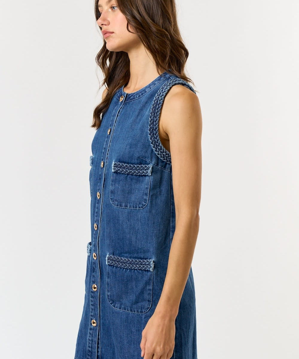 SLVLESS DENIM DRESS W/BRAIDED DETAIL