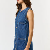 SLVLESS DENIM DRESS W/BRAIDED DETAIL