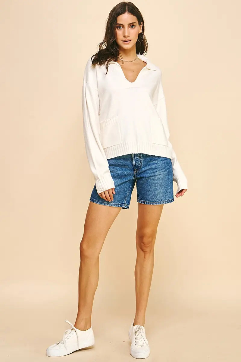 COLLARED VNECK SWEATER W/FRONT POCKETS