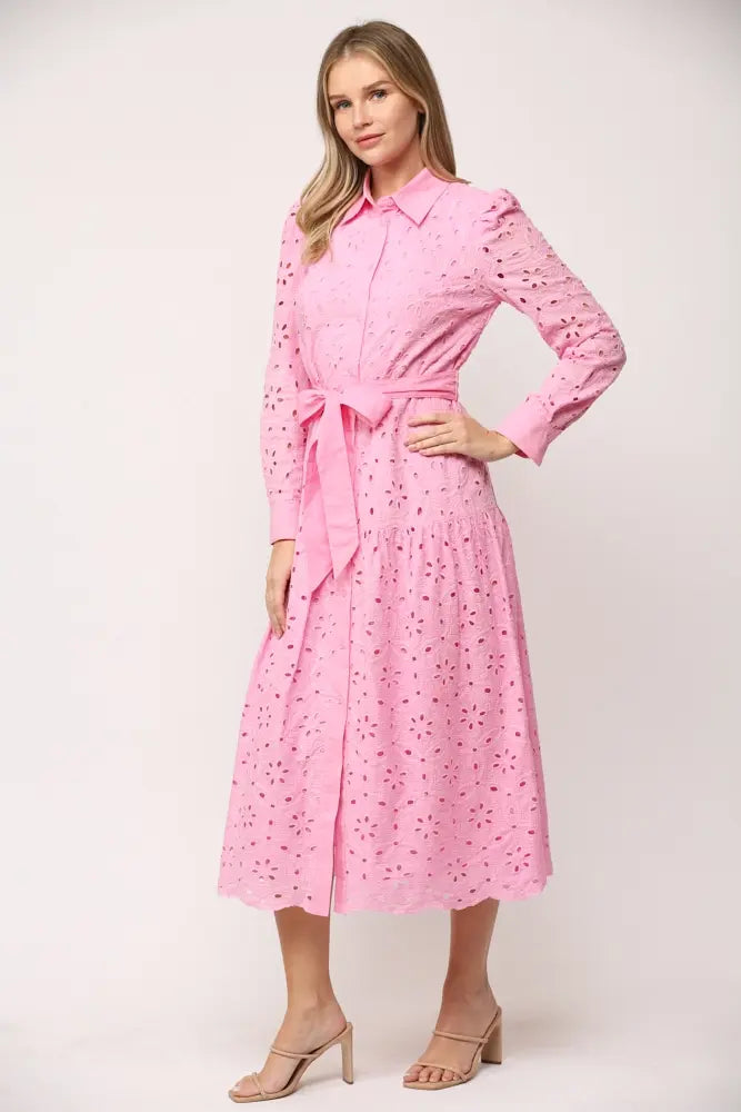 LAYTON BELTED BUTTON DOWN LACE MIDI DRESS