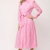 LAYTON BELTED BUTTON DOWN LACE MIDI DRESS