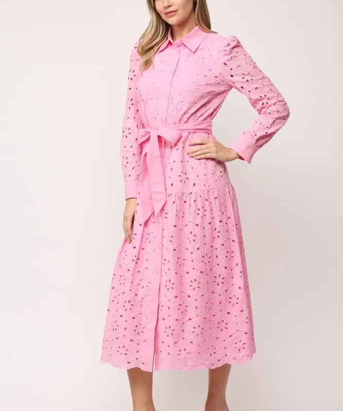 LAYTON BELTED BUTTON DOWN LACE MIDI DRESS