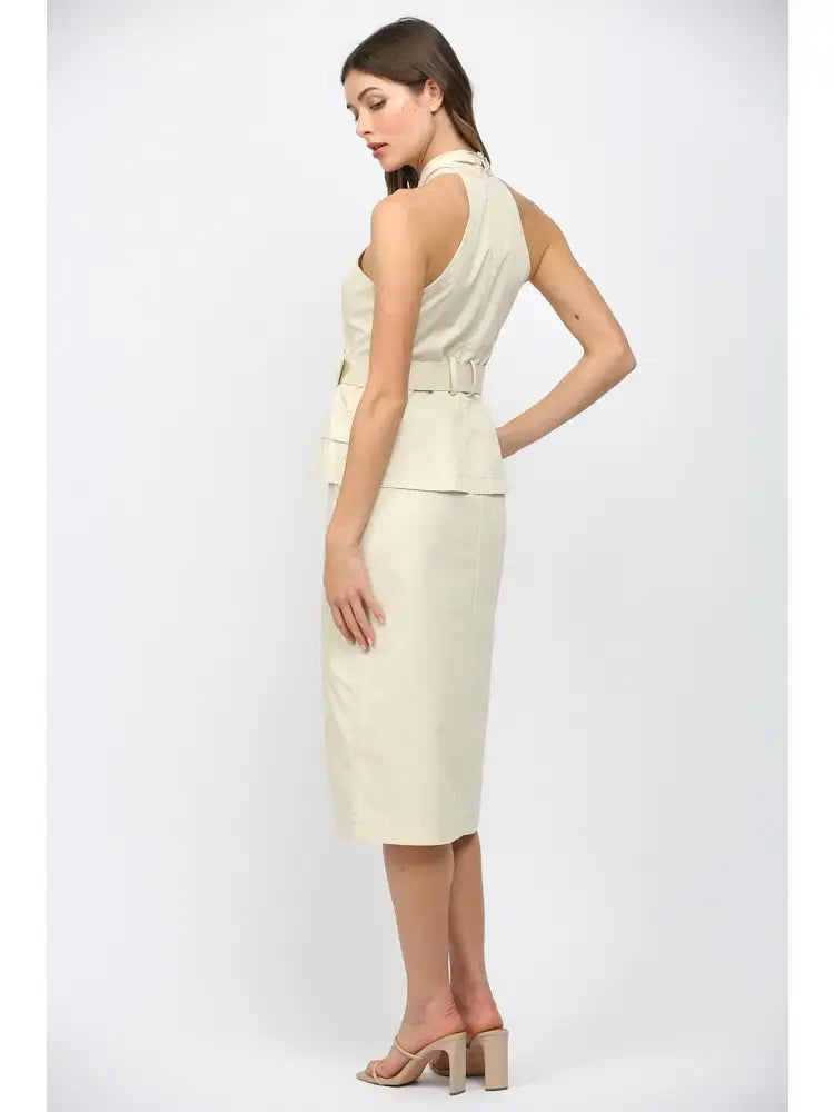 FARRAH CROSS OVER NECK BELTED MIDI DRESS