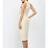 FARRAH CROSS OVER NECK BELTED MIDI DRESS