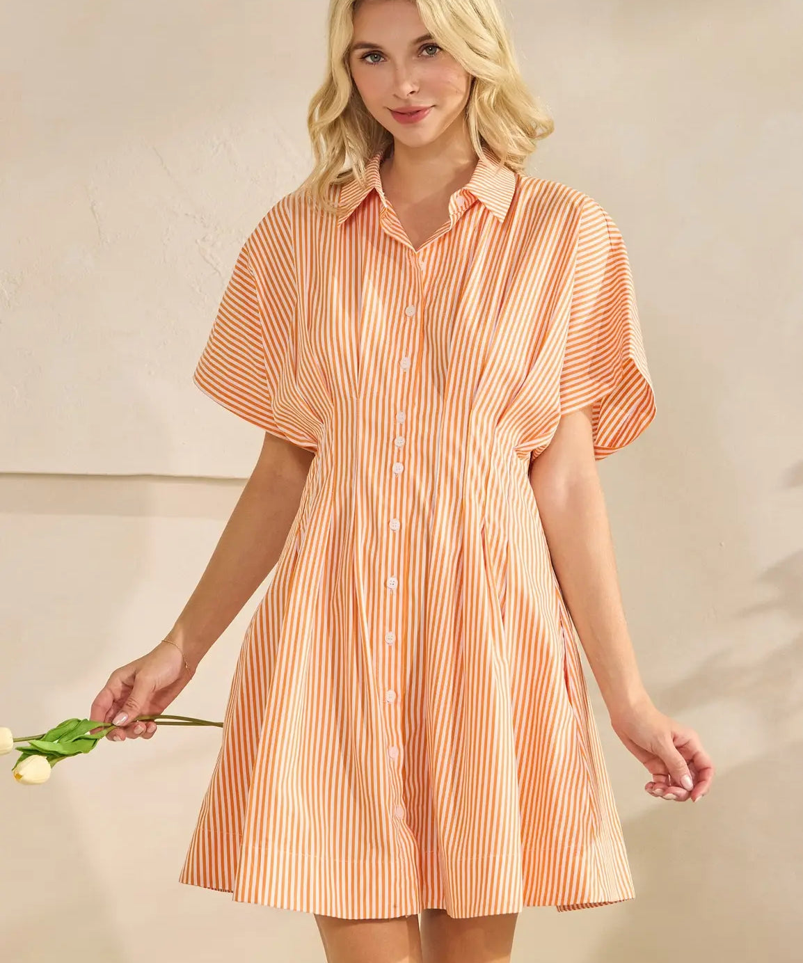 SSLV PLEATED STRIPE MINI SHIRT DRESS
