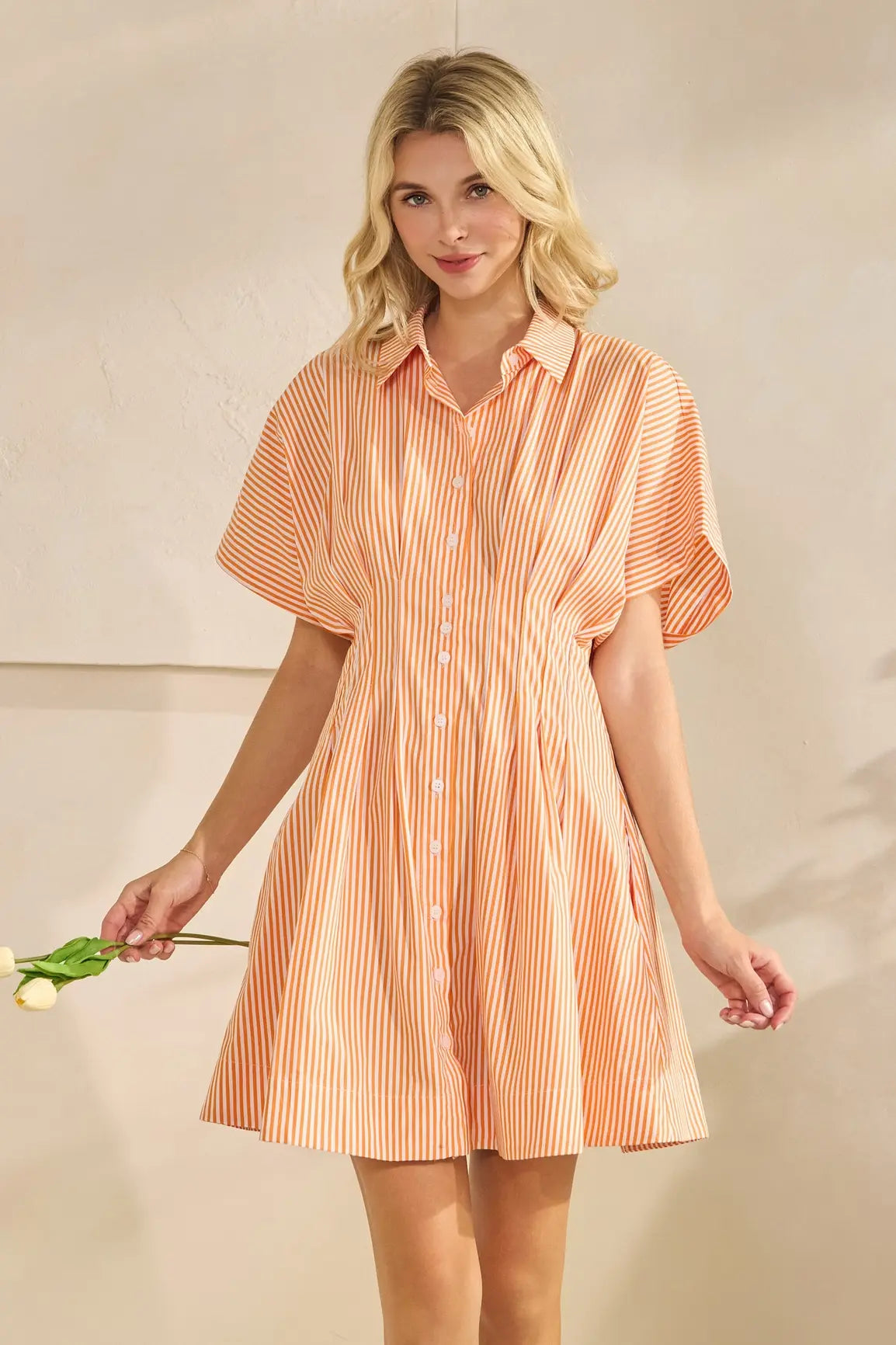 SSLV PLEATED STRIPE MINI SHIRT DRESS