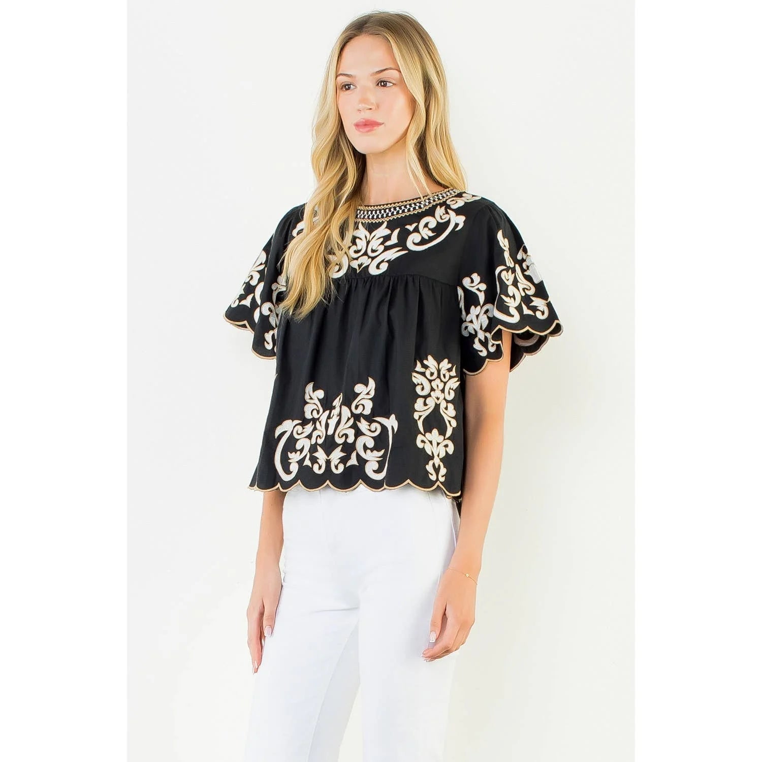 Short Sleeve Embroidery Detail Top