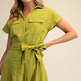 FRONT POCKET BUTTON DOWN MIDI DRESS