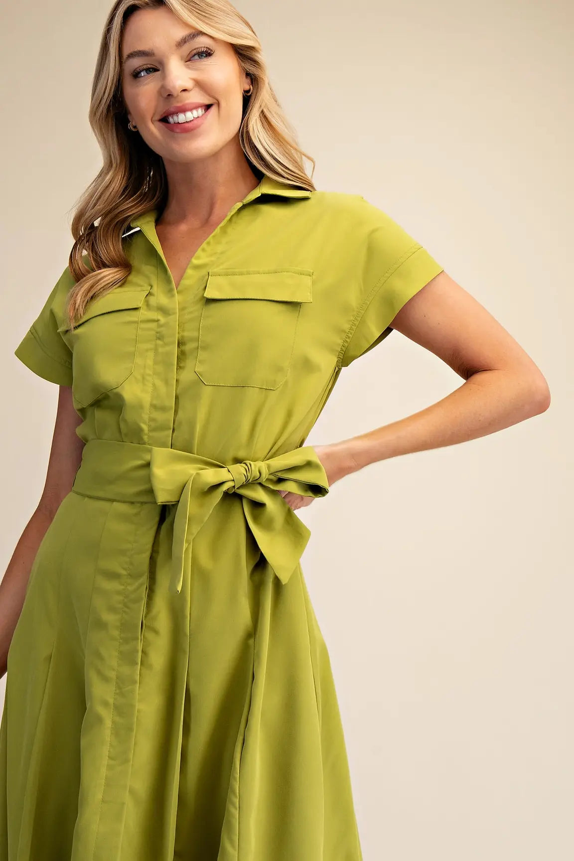 FRONT POCKET BUTTON DOWN MIDI DRESS
