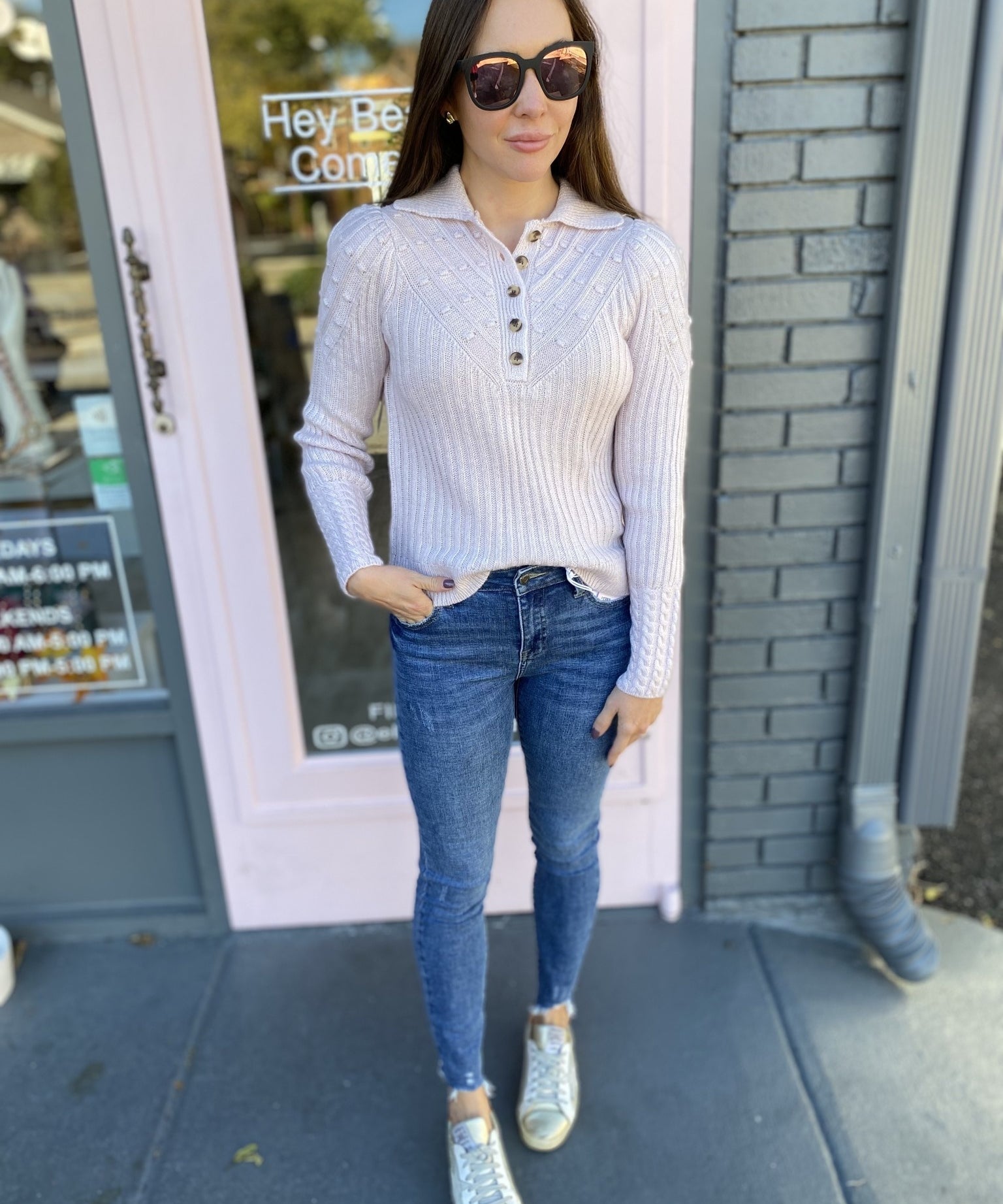 HALF BUTTON CABLE KNIT DETAIL SWEATER