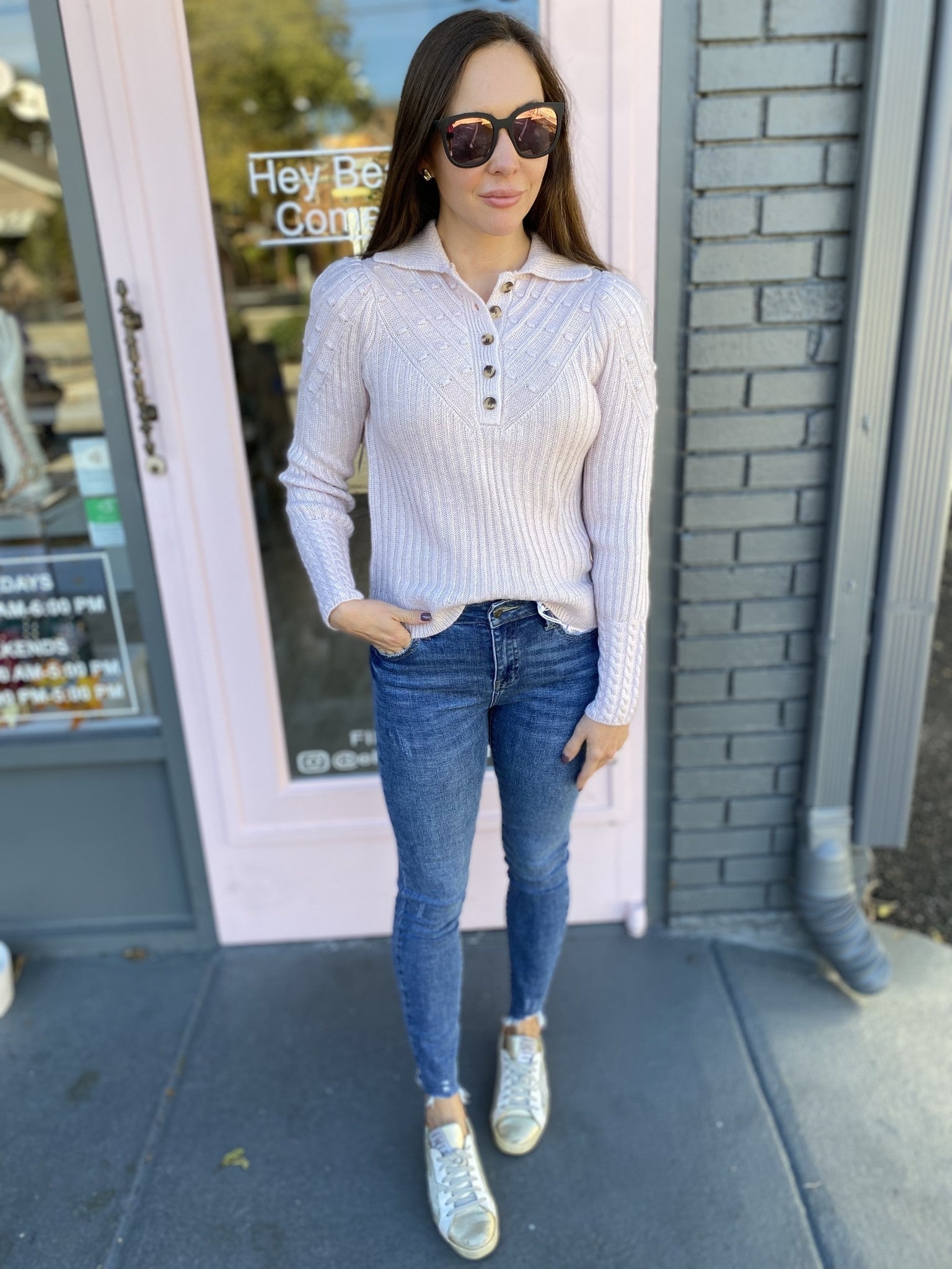 HALF BUTTON CABLE KNIT DETAIL SWEATER