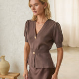Ribbed Short Sleeve Cardigan with Gold Buttons