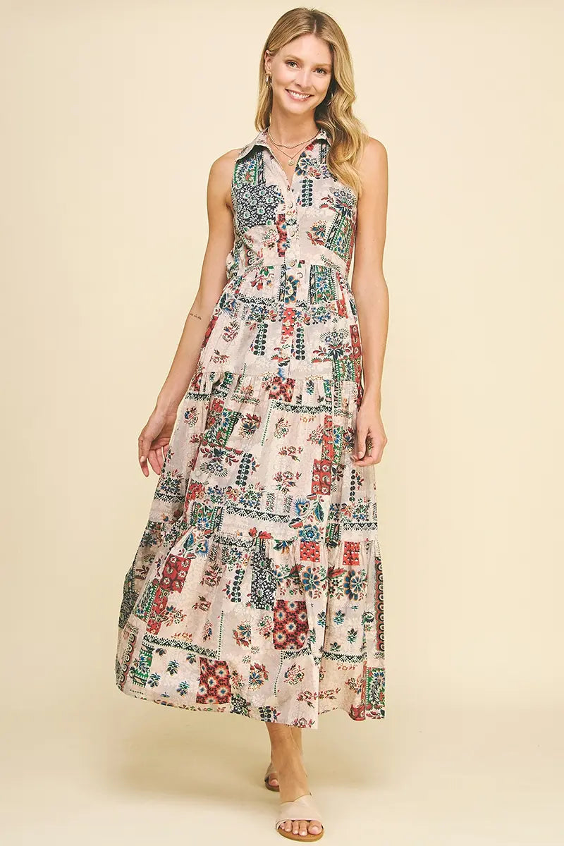 SLEEVELESS PRINT TIERED MAXI DRESS