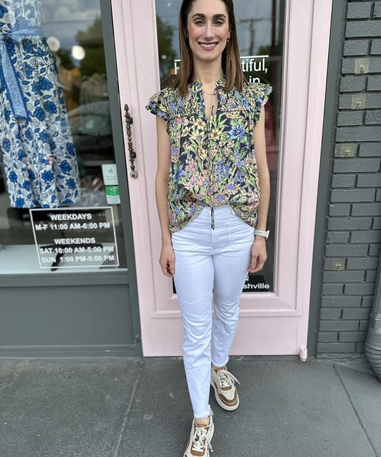 FLUTTER SLV BLOUSE WITH SMOCKING DETAIL