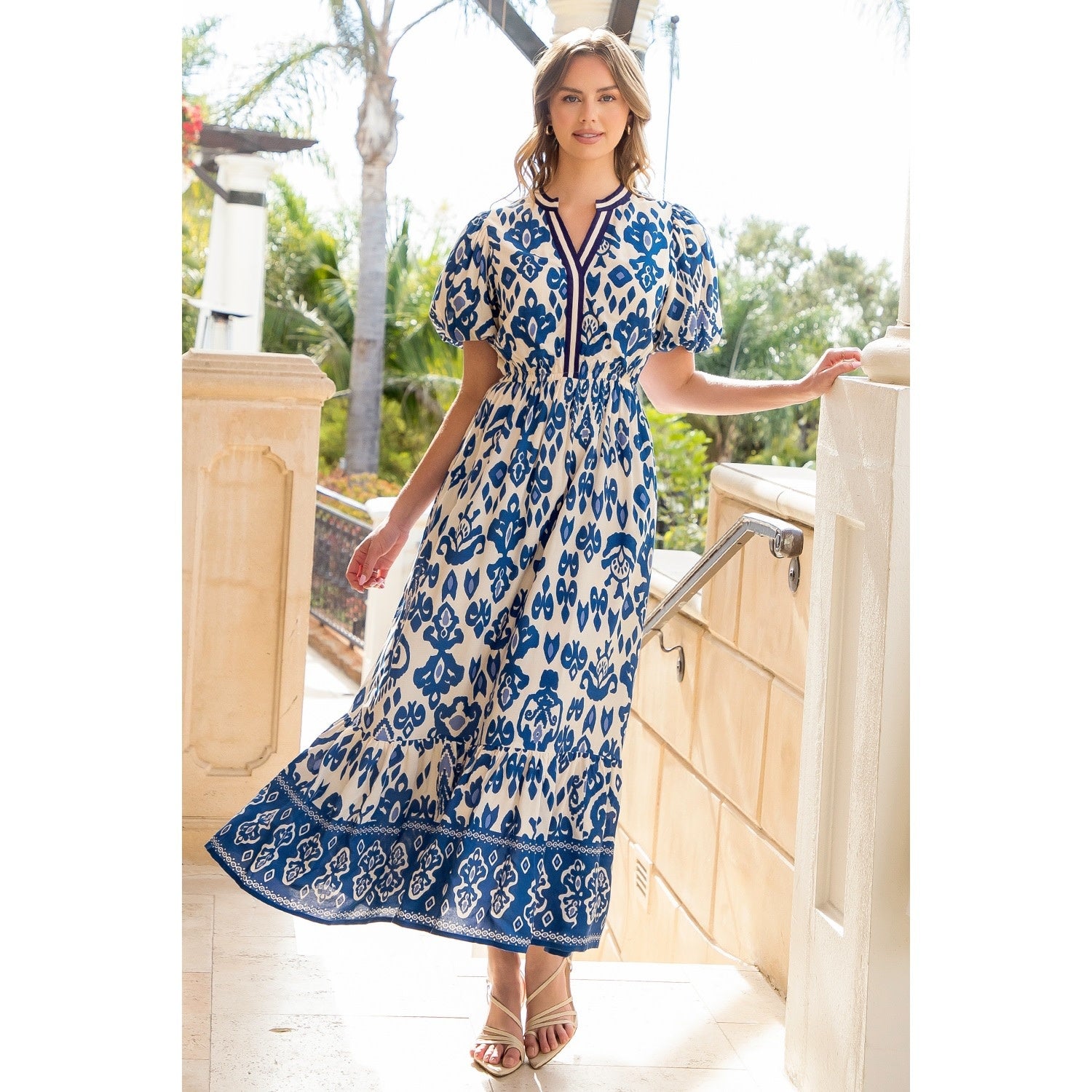 PUFF SLEEVE IKAT PRINT MAXI DRESS