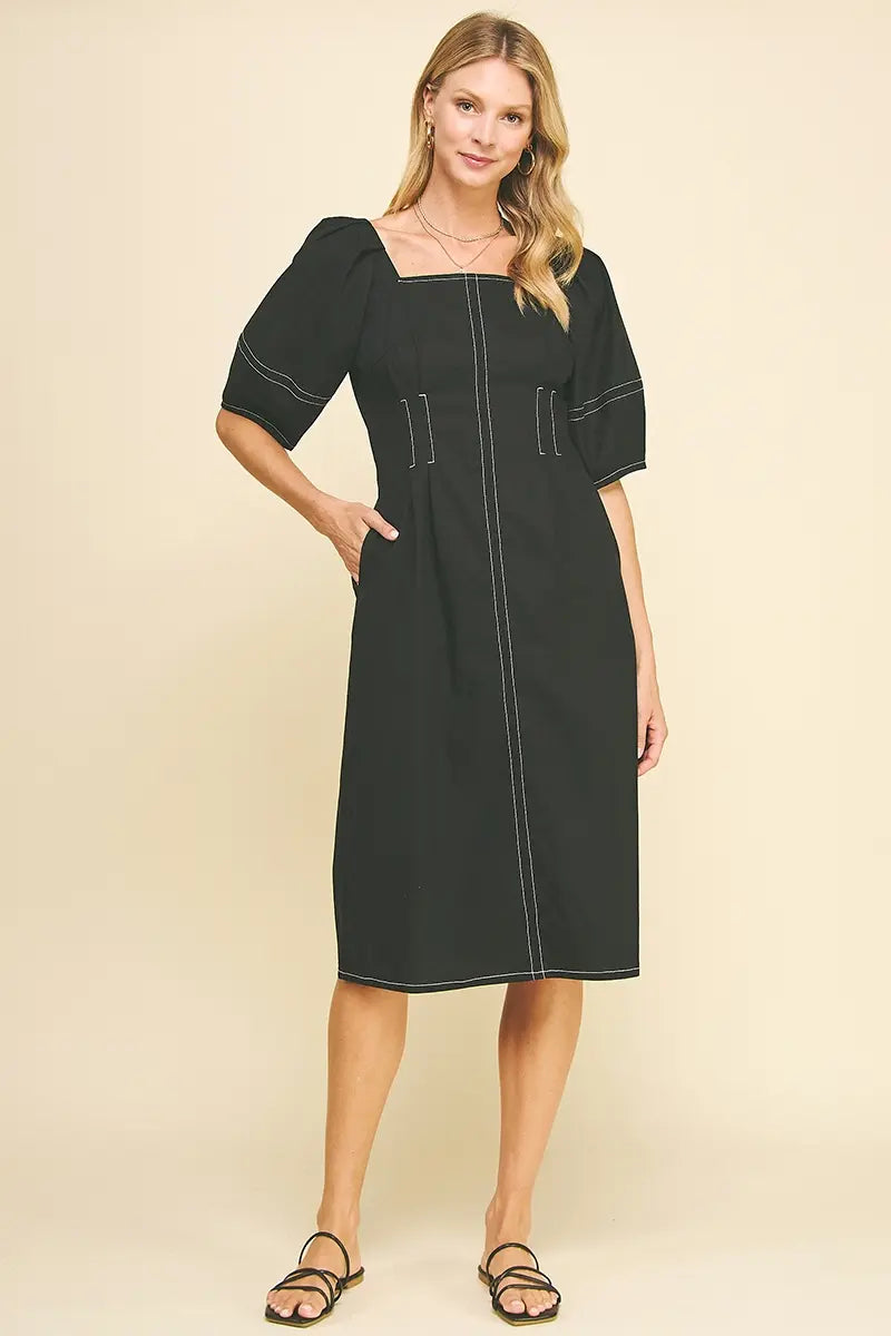 SQUARE NECK STITCH MIDI DRESS