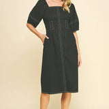 SQUARE NECK STITCH MIDI DRESS