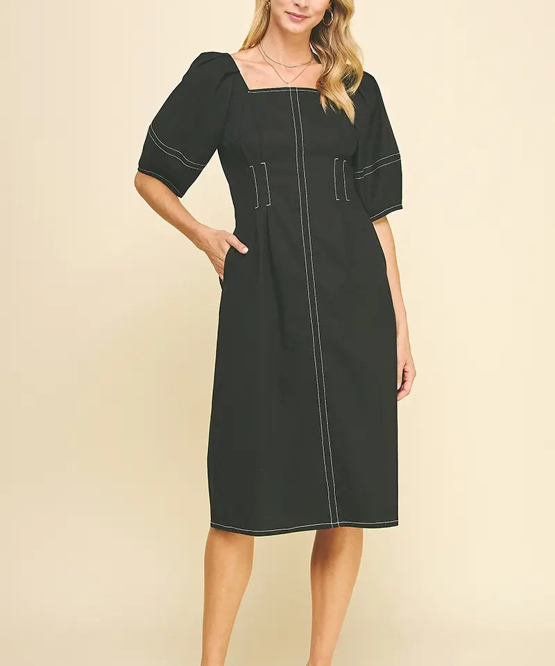 SQUARE NECK STITCH MIDI DRESS