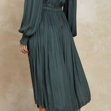 V NECK MIDI DRESS W/SMOCKED CUFFS