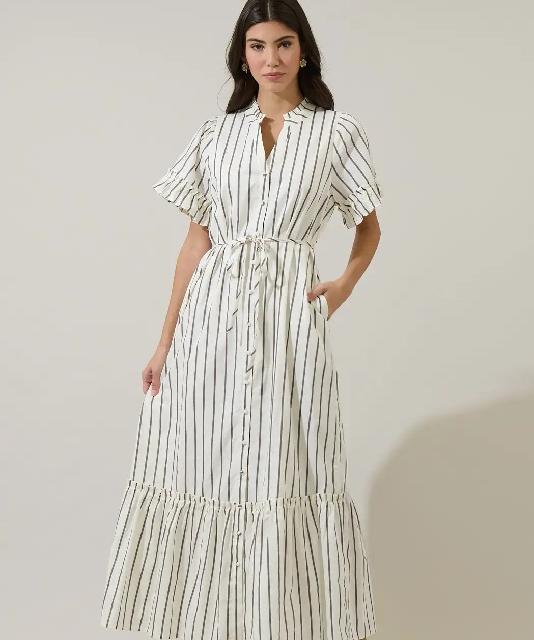ALIYA STRIPED BUTTON UP MIDI DRESS
